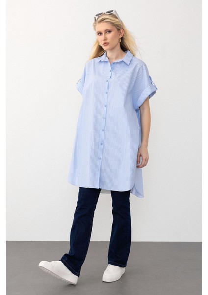 Yandan Yırtmaçlı Çizgili Poplin Tunik Açık Mavi 9283 indirimleri