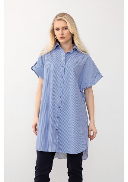 Yandan Yırtmaçlı Çizgili Poplin Tunik Mavi 9283