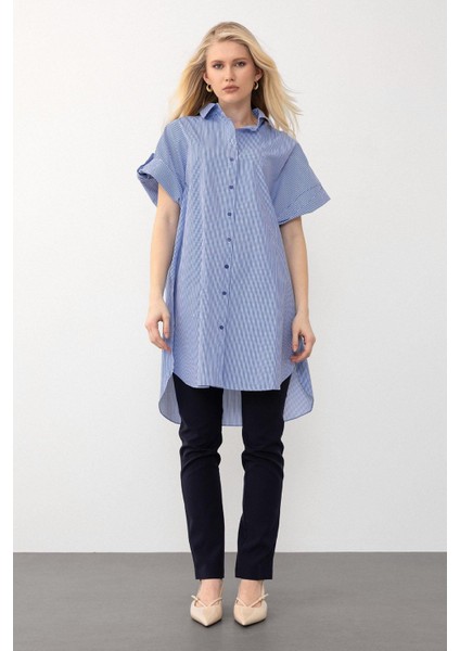 Yandan Yırtmaçlı Çizgili Poplin Tunik Mavi 9283
