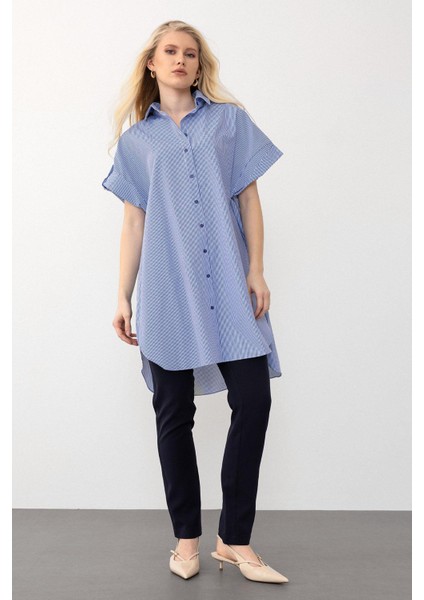 Yandan Yırtmaçlı Çizgili Poplin Tunik Mavi 9283