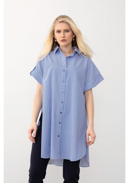 Yandan Yırtmaçlı Çizgili Poplin Tunik Mavi 9283
