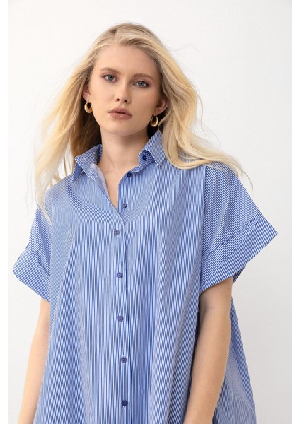 Yandan Yırtmaçlı Çizgili Poplin Tunik Mavi 9283
