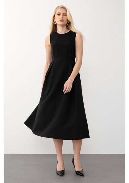 Pili Kaşe Detaylı Midi Elbise Siyah 9284-E fiyatları
