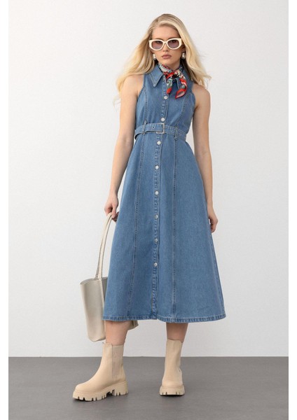 Kemer Detaylı Kolsuz Kot Elbise Mavi 9272-E