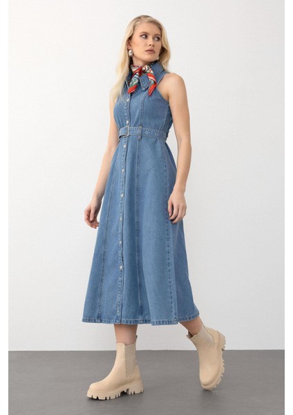 Kemer Detaylı Kolsuz Kot Elbise Mavi 9272-E fiyatları