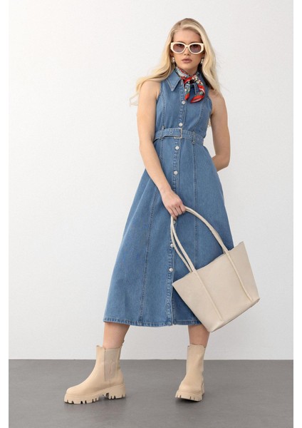 Kemer Detaylı Kolsuz Kot Elbise Mavi 9272-E fırsatları