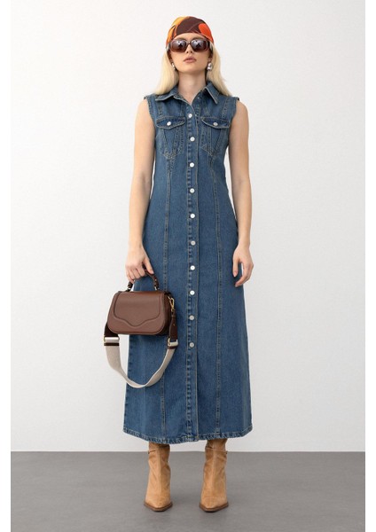 Cep Detaylı Kolsuz Kot Elbise Koyu Mavi 9274-E fiyatları