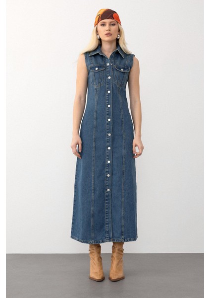 Cep Detaylı Kolsuz Kot Elbise Koyu Mavi 9274-E modelleri