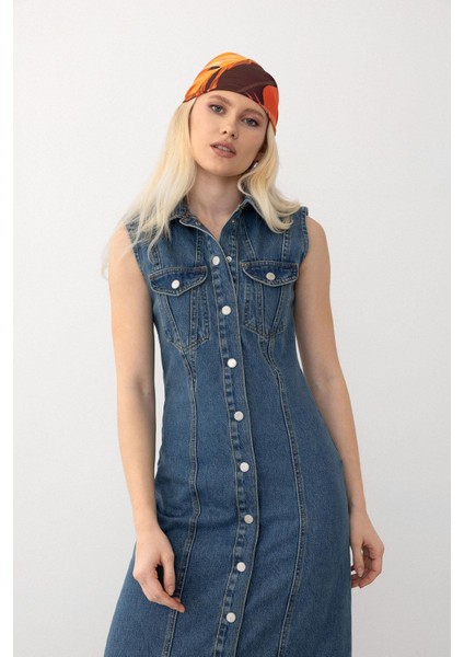 Cep Detaylı Kolsuz Kot Elbise Koyu Mavi 9274-E fırsatları