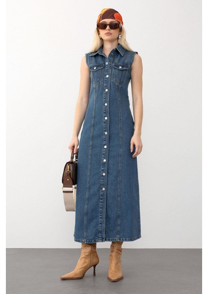 Cep Detaylı Kolsuz Kot Elbise Koyu Mavi 9274-E indirimleri