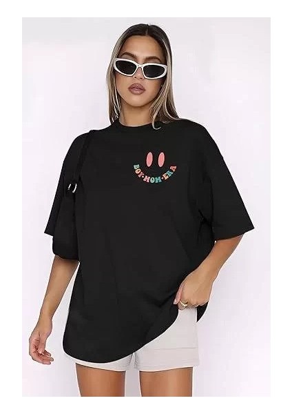 Kadın Bisiklet Yaka Kısa Kol Baskılı T-Shirt - Siyah fırsatları