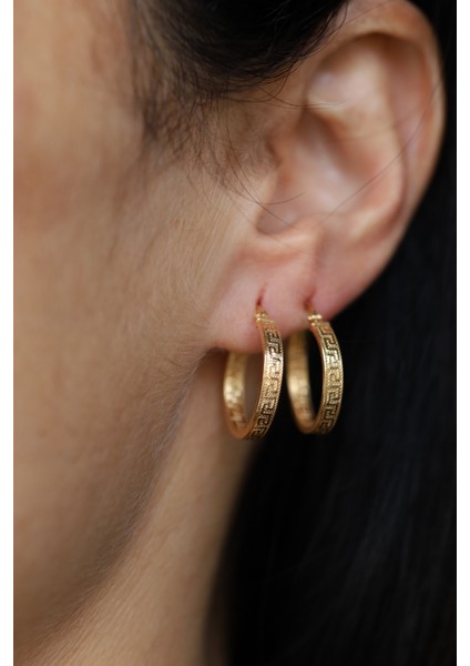 14 Ayar Altın Greek Desenli Halka Küpe