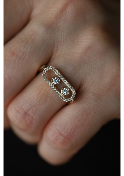 14 Ayar Altın Çift Taraflı Taş Detaylı Tasarım Yüzük