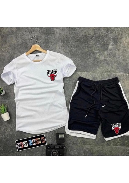 Yeni Sezon Trend Bulls Baskılı Slim Fit Oval Kesim Tshirt- Polyester Interlok Kumaş Şort 2'li