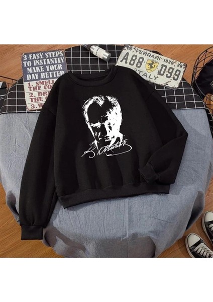 Atatürk Baskılı Unisex Kışlık Sweatshirt Siyah