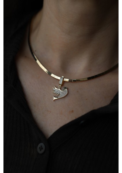 14 Ayar Altın Taşlı Kuş Charm Kolye Ucu