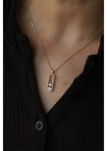 14 Ayar Altın Çift Taş Detaylı Tasarım Kolye