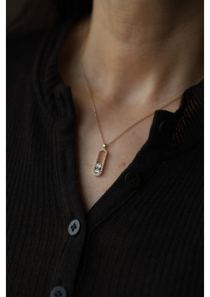 14 Ayar Altın Çift Taş Detaylı Tasarım Kolye fırsatları