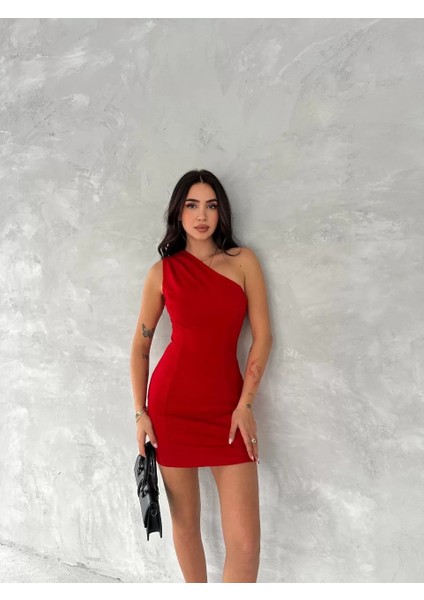 Tek Omuzlu Kolsuz Mini Boy Elbise - Kırmızı