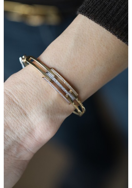 14 Ayar Altın Taşlı Üç Sıra Kaburga Kelepçe modelleri