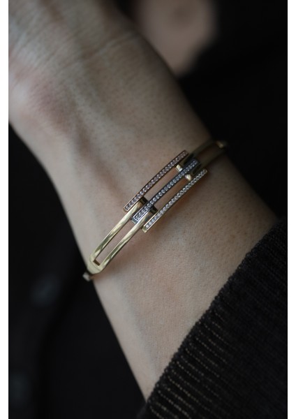 14 Ayar Altın Taşlı Üç Sıra Kaburga Kelepçe fırsatları