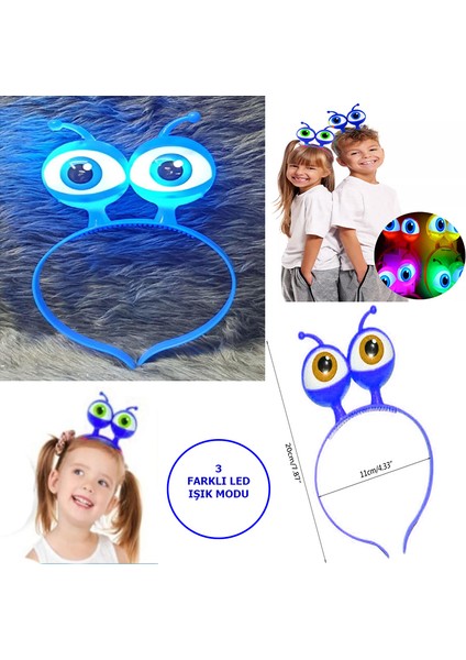 LED Işıklı & Pilli 3 Farklı Modda Yanan Uzaylı Göz Parti Tacı Mavi Renk 18X12 cm