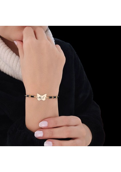 Kelebek Figürlü 14 Ayar Altın Plakalı İsme Özel Siyah Taşlı Bileklik fiyatları
