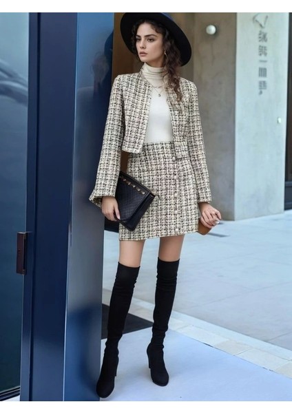 Kadın Uzun Kollu Önü Açık Düğme Detaylı Dokuma Ceket Etek Ikili Takım fiyatları