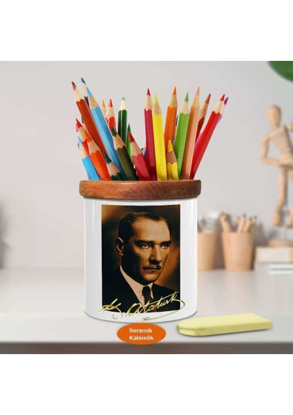 Retro Efektli Mustafa Kemal Atatürk Ahşap Seramik Kalemlik - P26