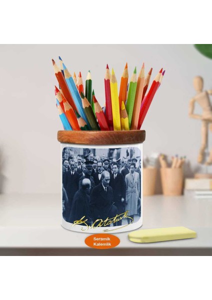 Lider Mustafa Kemal Atatürk Ahşap Seramik Kalemlik- S470