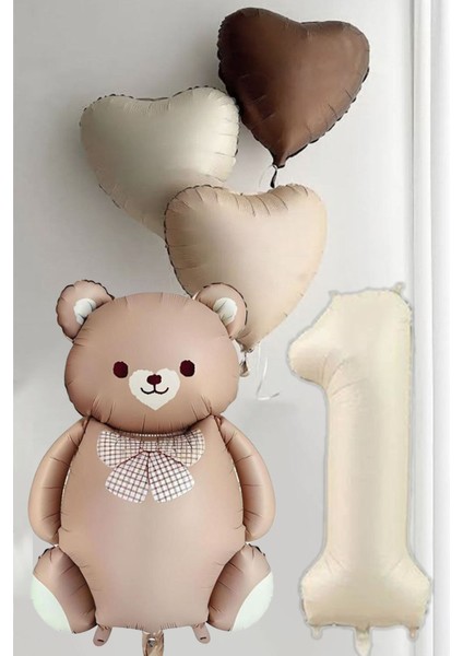 1 Yaş Doğum Günü Karamel Papyonlu Ayı ve 3 Retro Kalp Balonlu Balon Seti