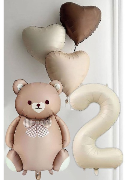 2 Yaş Doğum Günü Karamel Papyonlu Ayı ve 3 Retro Kalp Balonlu Balon Seti