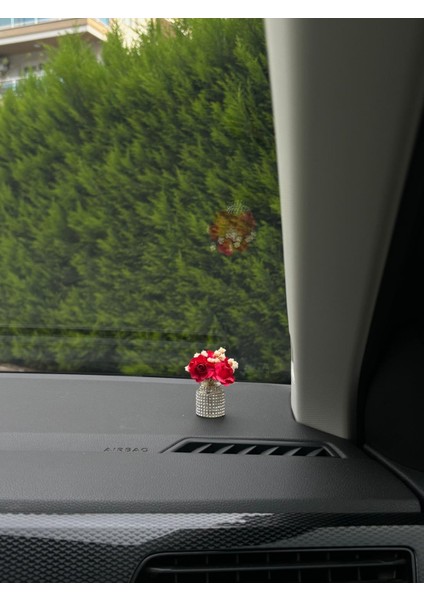 Taşlı Kırmızı Gül Mini Vazo Kokulu Çiçek Oto Araba Torpido Aksesuarları, Çiçek Aksesuarları Süs fırsatları