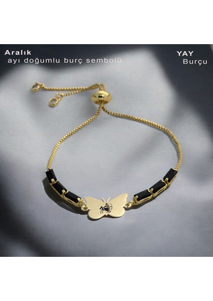 Kelebek Figürlü 14 Ayar Altın Plakalı Burç Semboller Desenli Siyah Taşlı Bileklik