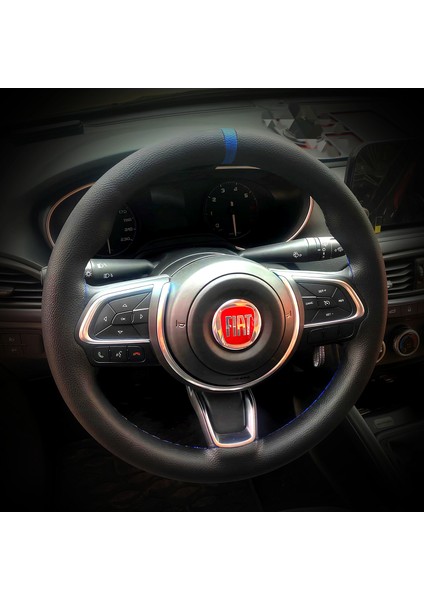 Dikişli Direksiyon Kılıfı Ithal Siyah Deri Mavi Yüzük Mavi Dikişli Fıat Egea Için