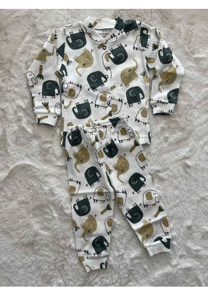 Yeşil Fil Desenli Raporlu Çıtçıtlı Pijama Takımı