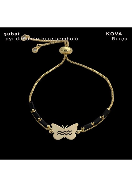 Kelebek Figürlü 14 Ayar Altın Plakalı Astroloji Burç Semboller Desenli Siyah Taşlı Bileklik