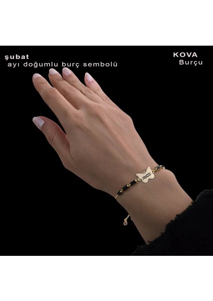 Kelebek Figürlü 14 Ayar Altın Plakalı Astroloji Burç Semboller Desenli Siyah Taşlı Bileklik fiyatları