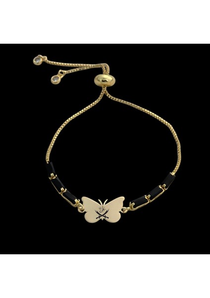 Kelebek Figürlü 14 Ayar Altın Plakalı Özel Semboller Desenli Siyah Taşlı Bileklik