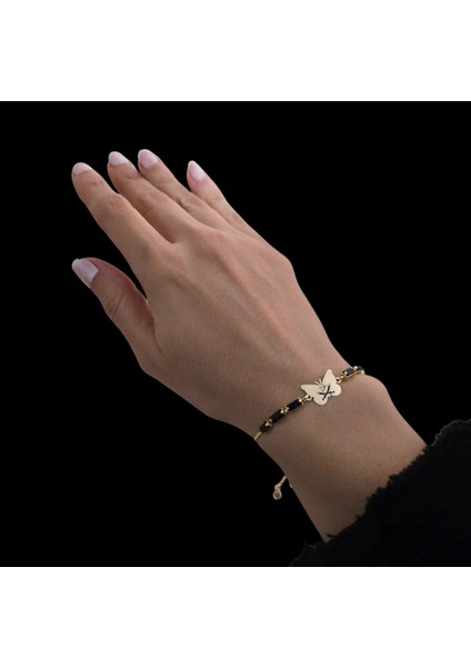 Kelebek Figürlü 14 Ayar Altın Plakalı Özel Semboller Desenli Siyah Taşlı Bileklik fiyatları