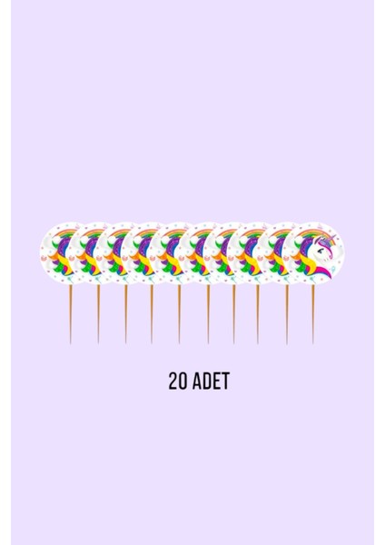Unicorn Temalı Baskılı Kürdan 20 Adet - Doğum Günü Parti Seti Malzemeleri