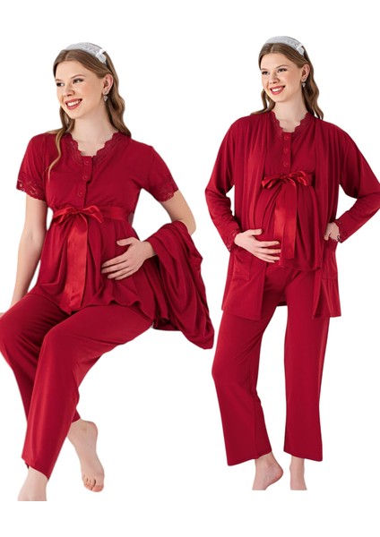 Kırmızı Renkli Kısa Kollu V Yaka, 3 Parça Sabahlıklı 52954 Lohusa Hamile Pijama Takımı