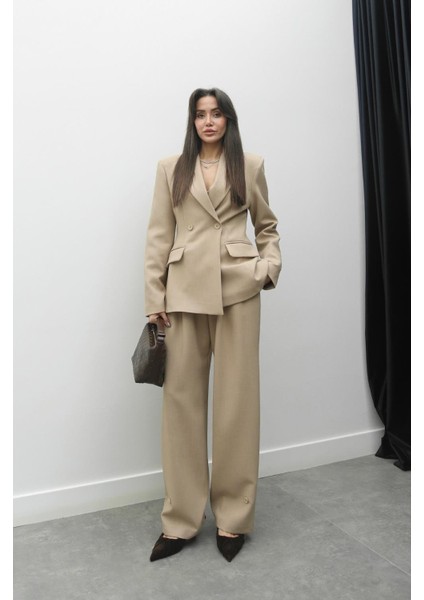 Bej Premium Blazer Ceket Pantolon Takım