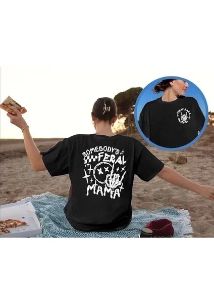 Kadın Bisiklet Yaka Baskılı T-Shirt - Siyah