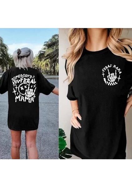 Kadın Bisiklet Yaka Baskılı T-Shirt - Siyah