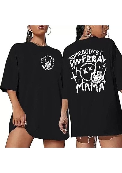 Kadın Bisiklet Yaka Baskılı T-Shirt - Siyah