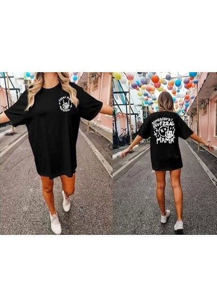 Kadın Bisiklet Yaka Baskılı T-Shirt - Siyah