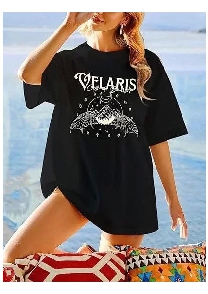 Kadın Bisiklet Yaka Baskılı T-Shirt - Siyah