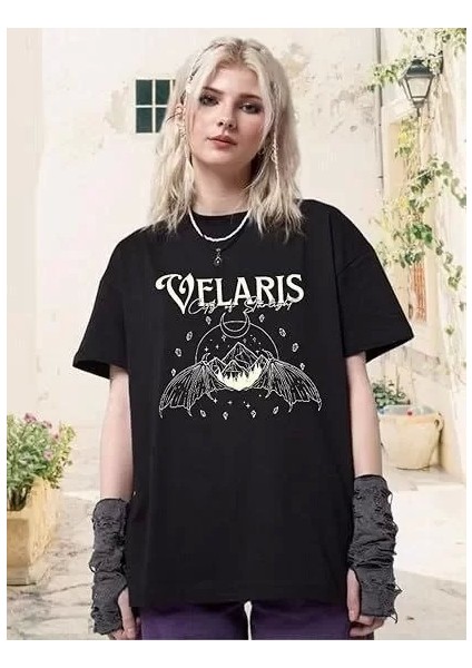 Kadın Bisiklet Yaka Baskılı T-Shirt - Siyah
