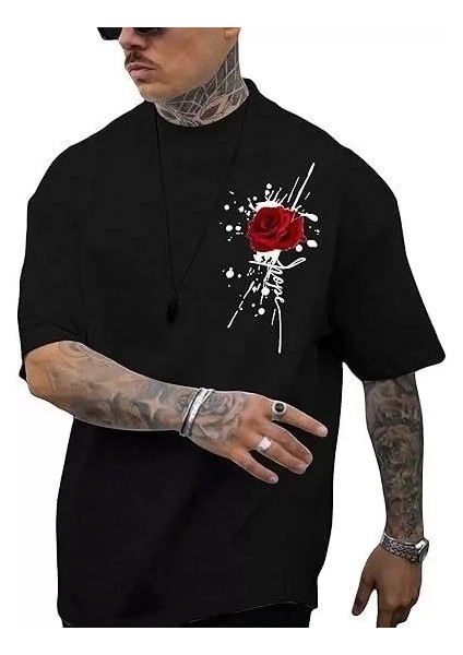 Erkek Bisiklet Yaka Kısa Kol Baskılı T-Shirt - Siyah